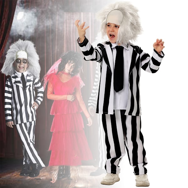 Hauska Beetlejuice-lastenpuku, mustavalkoraidallinen takkipuku, sopii elokuvaroolileikkeihin, aavepukeutumiseen ja Halloweeniin M