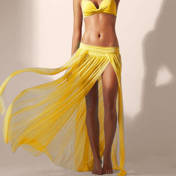 Dam Bikini Cover Up Lång Kjol Slit Sarong Klänning Baddräkt Yellow One Size