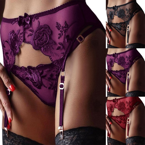 Kvinnor Spets Blommor Strumpeband Bälte Sexiga underkläder G-string Set Black XL