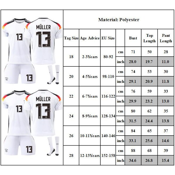 24-25 Tyska Landslaget Hemma Europacup Fotbollströja Set, Muller 13 Tröja Fotboll Set, Tröjor, Shorts, Strumpor 3-Delat Träningsoverall Set 28