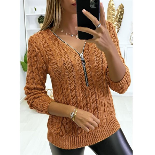 Kvinnor Långärmad V-ringad Zip Twisted Stickad Sweater Tops Orange S