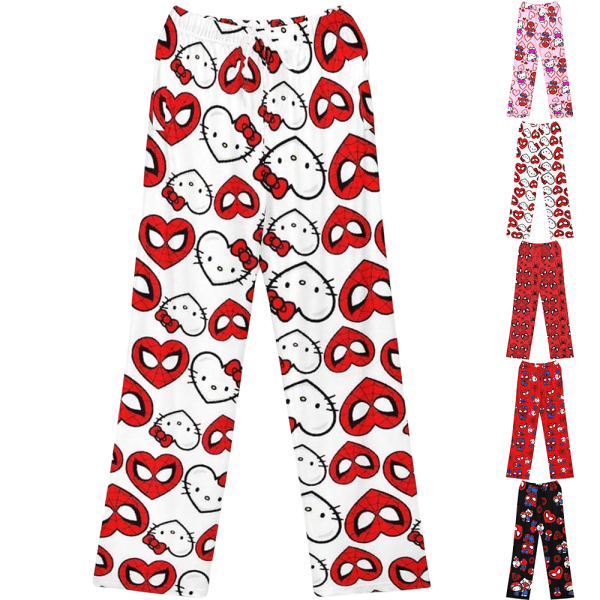 Kvinnor jul tecknad fleece pyjamasbyxor, flickor Print Flanell Sovkläder Byxor Present (överallt print) KT Cat Red M