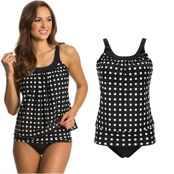 Dam Polka Dot Tankini Bikini Set Badkläder Baddräkt Svart Black M 0b01