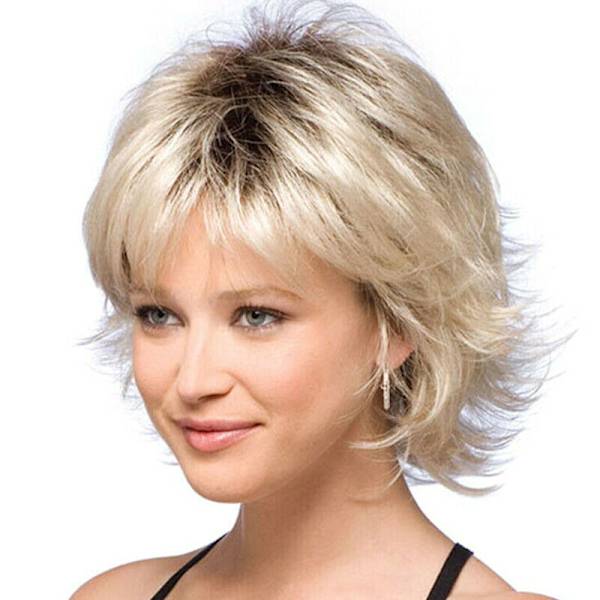 Kort Peruk för Kvinnor Pixie Syntetisk Full-Top Peruk med Lugg Lockigt Gold Blonde