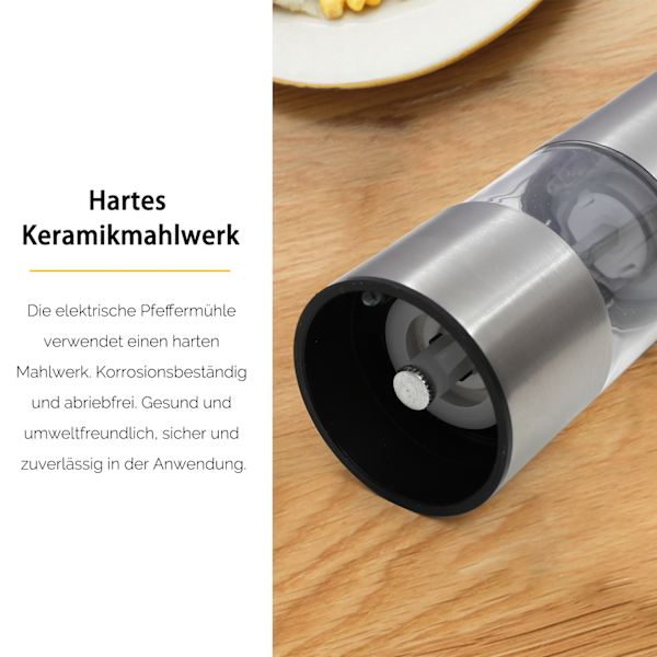 Elektrisk pepparkvarn saltkvarn, med justerbar keramisk kvarn 2-pack rostfritt stål kryddkvarn batteridriven med LED