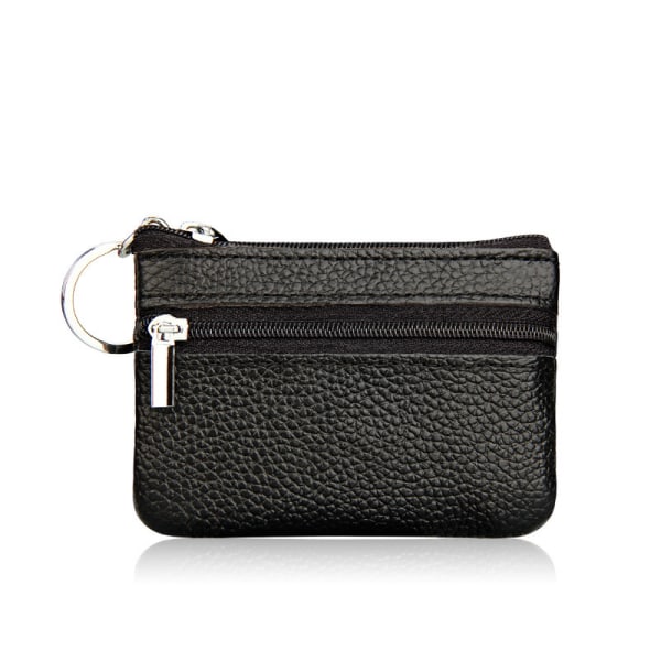 Läder liten plånbok Korthållare Mini Nyckelring Dragkedja Myntväska Svart 10x7cm