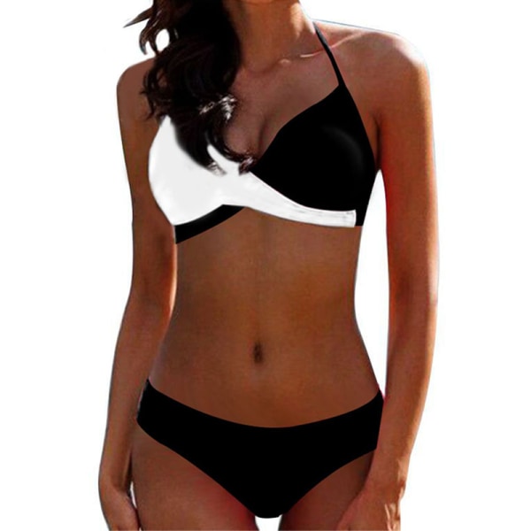 Kvinnor Color Block BH Bikini Set Brazilian Swimsuit Badkläder Black + White M