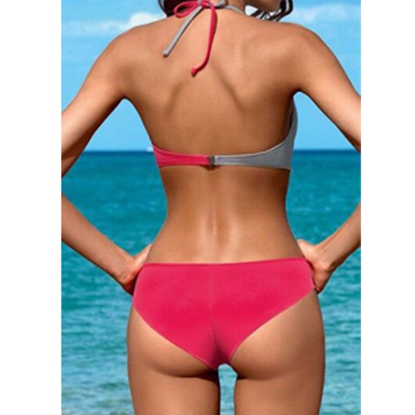 Kvinnor Color Block BH Bikini Set Brazilian Swimsuit Badkläder Light Grey + Rose Red M