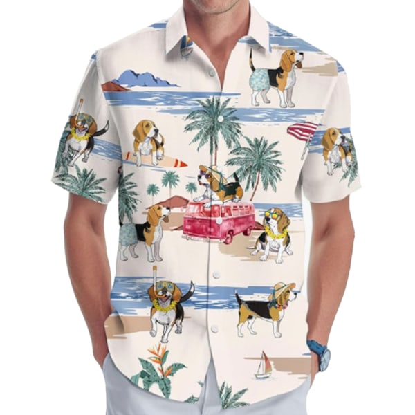 Stora och långa herrskjortor med korta ärmar, herrskjorta med hawaiianskt tryck och krage A M