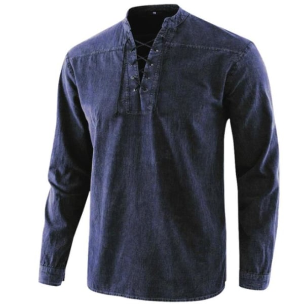 Modeskjorta för män långärmad strandtopp med V-ringad dragsko navy blue XL