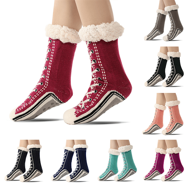 1 Par Ultra-Tjocka Cashmere-tofflor Hemstrumpor, Jultofflor, Jul med Halksäkra Tofflor Wine Red