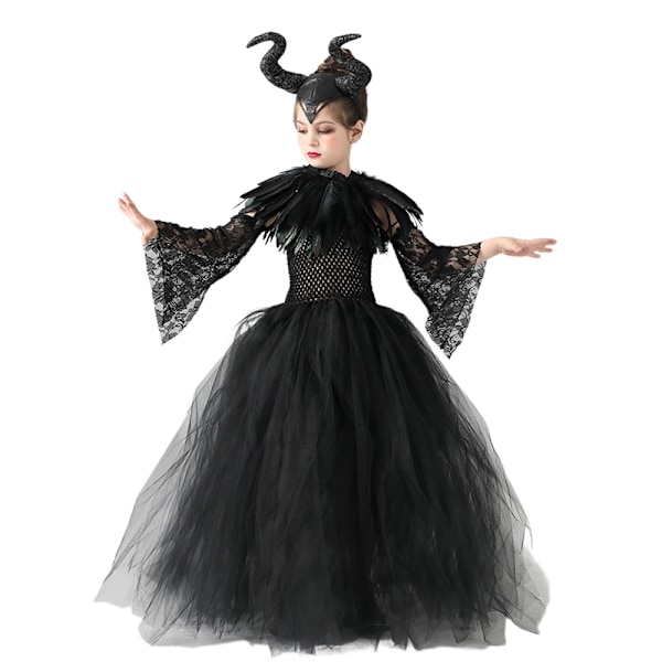 Maleficent Barnkläder för Flickor, Cosplay-Klänning, Horn, Vingar, Svart Tutuskjort, Halloween-Kostym M