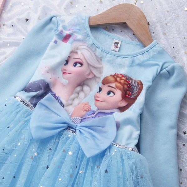 Barn Flickor Frozen Anna Elsa Rosett Prinsessklänning Fest Långärmad Tutu Klänningar Light Blue 140cm