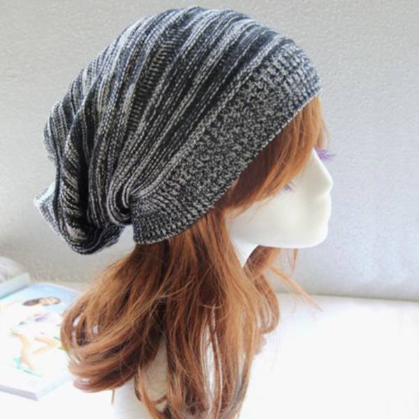 Vinterlue for kvinner, strikket baggy beanie, avslappet ullhatt Black - White