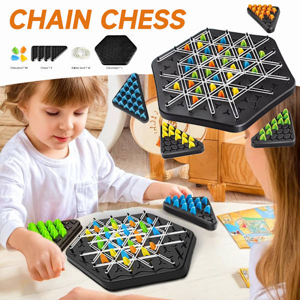 Kedjespel i triangelform, interaktivt spel för föräldrar och barn, pusselspel för flera spelare, resespel, strategispel