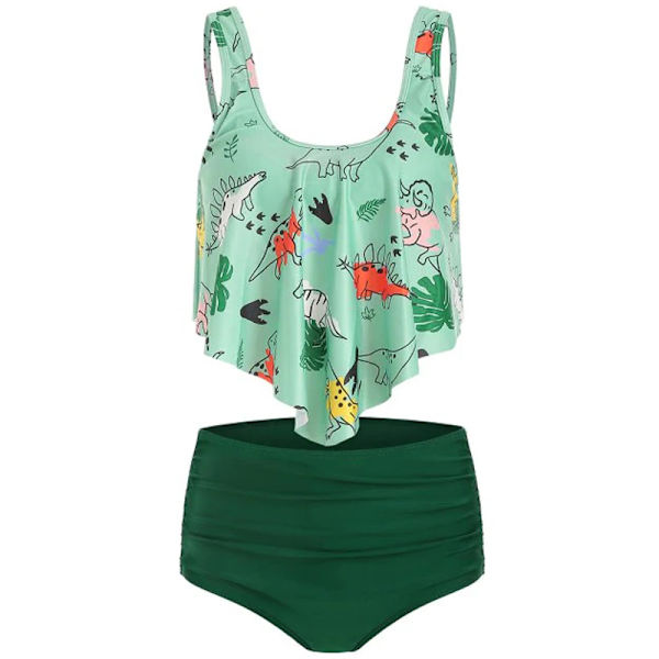 Dame Flæse Crop Top Bikini Sæt Højtaljet Badedragt Badetøj Light Green Dinosaur L
