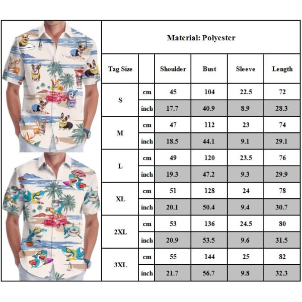 Stora och långa herrskjortor med korta ärmar, herrskjorta med hawaiianskt tryck och krage A 3XL