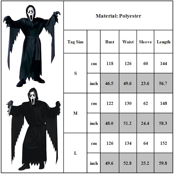Gostfacing Kostym, Herrarnas Skräck Kostym, Svart Kåpa med Skräckmask, Vuxen Kostym, Halloween Rollspel M