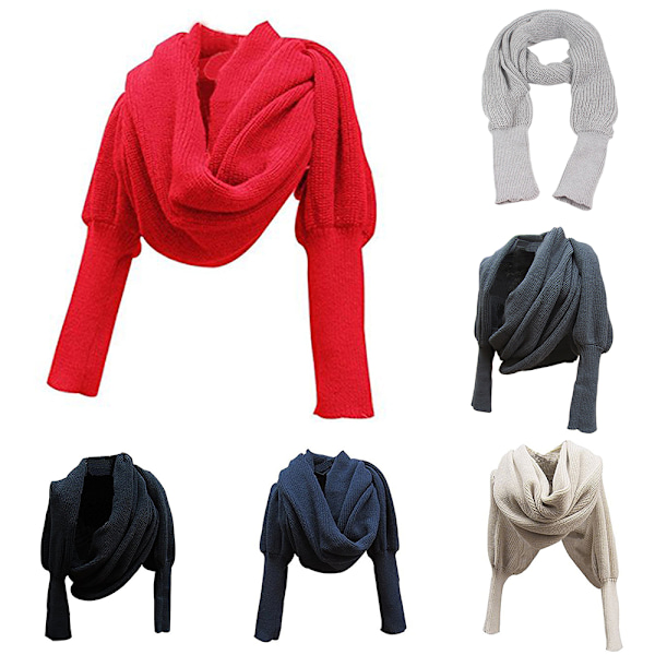 Dam Scarf Mode Varm Solid Stickad Wrap Crochetad Tjock Kappa Med Ärm För Sommar Vinter Höst Sjal Wraps Scarfs Red