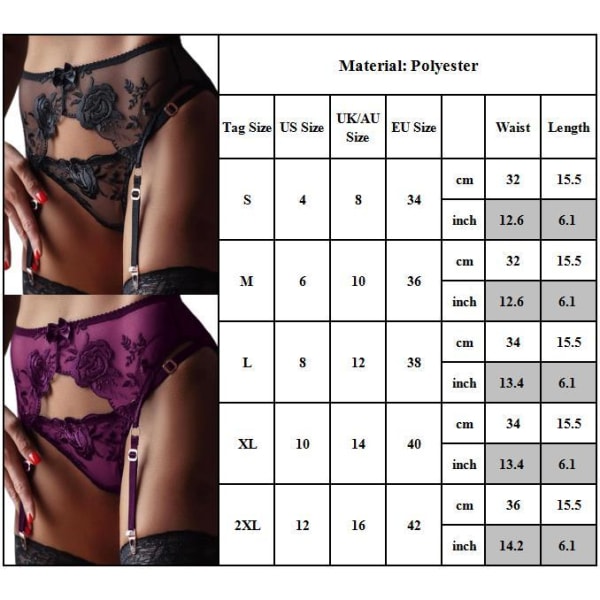 Kvinnor Spets Blommor Strumpeband Bälte Sexiga underkläder G-string Set Purple XL