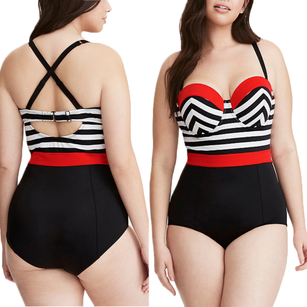 Plus Size Randig En-Delad Baddräkt Monokini Badkläder Patchwork Striped XL