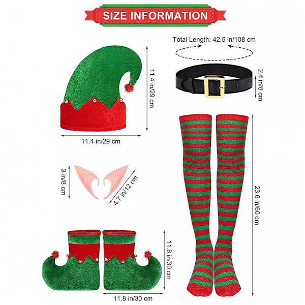Jultomtenissdräkt Set Santas Hjälpare Cosplay Outfit Klänning Bälte Öron Strumpor Tomteluva Skor för Kvinnor Julparty M