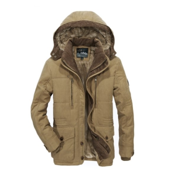 Herre Vinter Plus Bomuld Mellemlang Vinterfrakke Varm Hætte Løs Casual Jakke Khaki 4XL