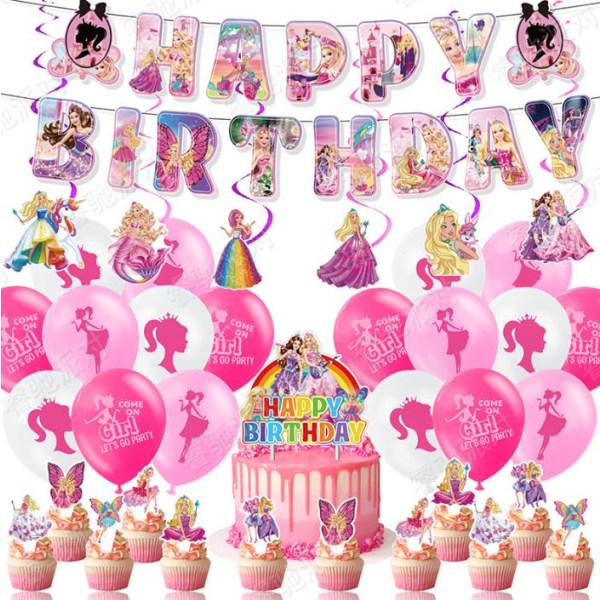 Barbie Dockans Födelsedagsparty Banner Dekorationer Set Tårta Topper