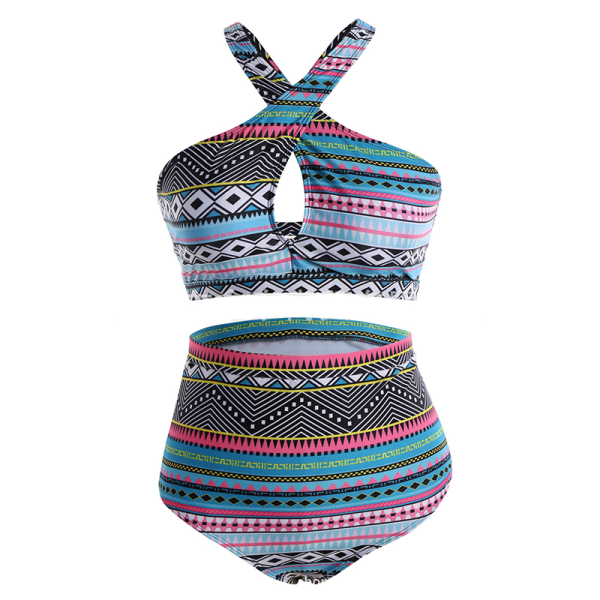 Plus size dam Aztec High Waisted Bikini Set Badkläder Baddräkt Blue 2XL