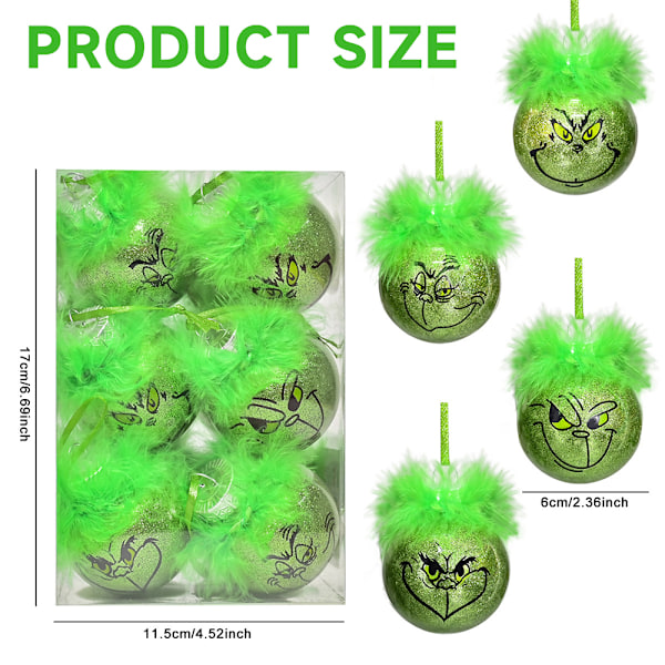 12 STK Store Søte Grinch Juletrepynt med Fuzzy Grønt Hår, Grinch Julekuler Juleball Festdekor Grinch Julepynt 12PCS