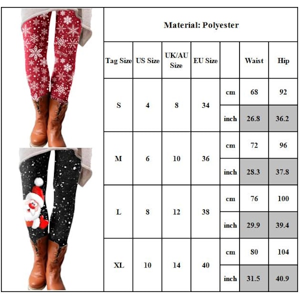 Dam Leggings med Jultomte och Snöflinga Tryck - Slim Fit Byxor B XL