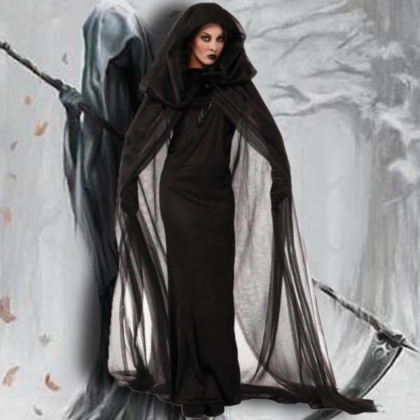 Halloween Grim Reaper Klänning med kappa med huva för kvinnor L = UK 12
