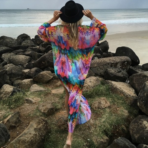 Dam med print Beach Bikini Cover Up Long Kimono Cardigan Multicolour One Size