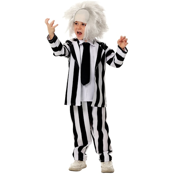 Hauska Beetlejuice-lastenpuku, mustavalkoraidallinen takkipuku, sopii elokuvaroolileikkeihin, aavepukeutumiseen ja Halloweeniin M