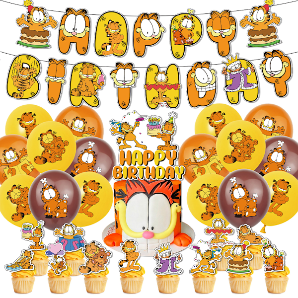 Garfield födelsedagsfest dekorationer för pojkar och flickor - Banner, vimplar, ballonger, tårtdekorationer