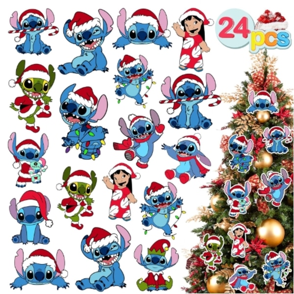 Stitch Trähängande Julgransdekorationer, 24 st Julgranspynt, Julgranshängande Pynt, Tryckt Semesterjulpynt A
