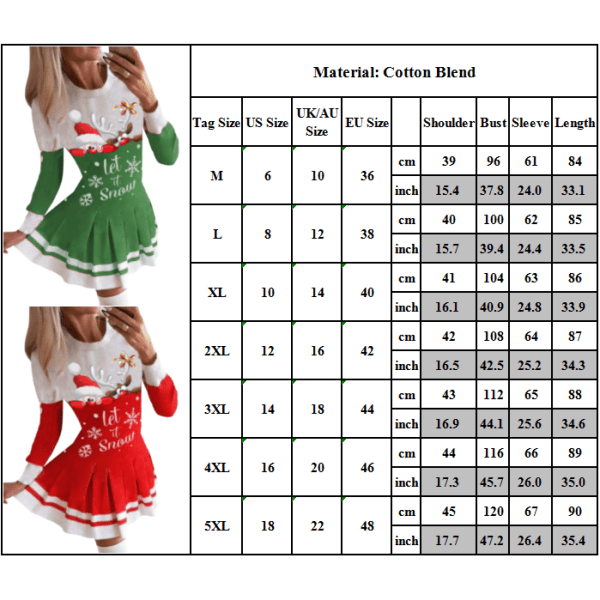 Kvinnors avslappnade julklänning med O-ringad hals, plisserad kjol och långa ärmar red 4XL