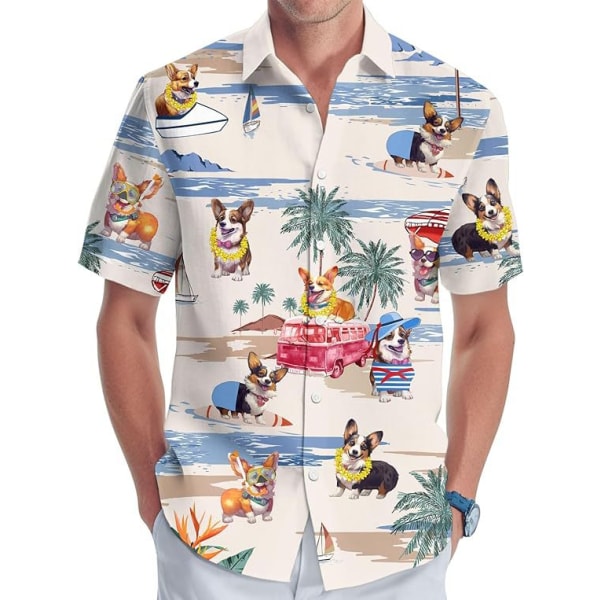 Stora och långa herrskjortor med korta ärmar, herrskjorta med hawaiianskt tryck och krage F 2XL