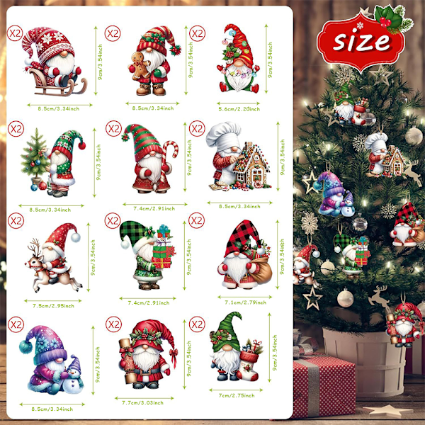 24 st julgransdekorationer 2024 - Jultomtar i trä, hängande ornament, julgransdekorationer, dockor i trä, hängande ornamentuppsättningar 24PCS