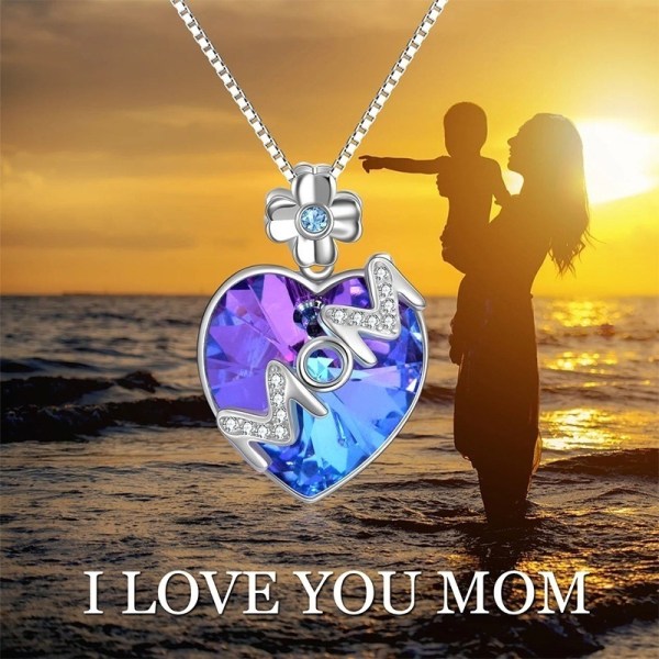 "Mamma" blomma LOVE hjärtat hänge kedja halsband Mors dag gåva Blue+Purple 6-7 Years =EU 116-122
