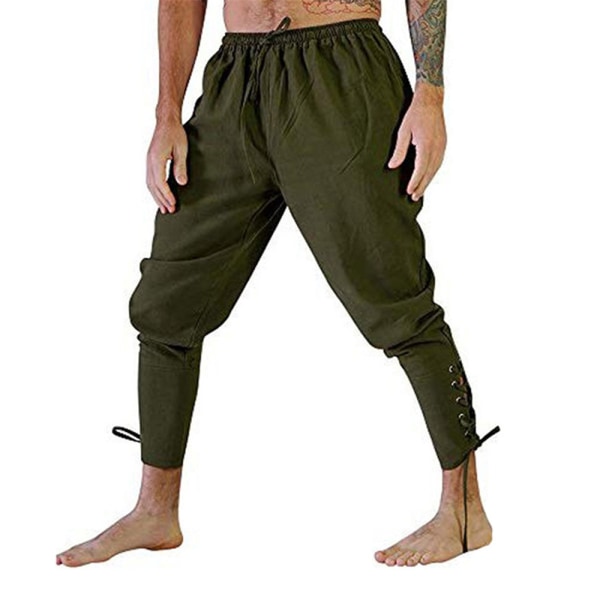 Medeltida Byxor för Män Pirat Cosplay Kostym Halloween Byxor army green M