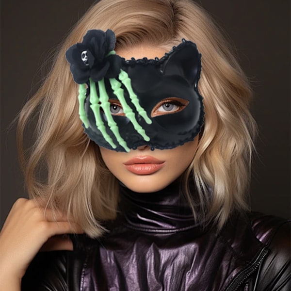 Dödskalle blomma katt mask Halloween mask cosplay kostym halv ansikte djur fest jul fest Black