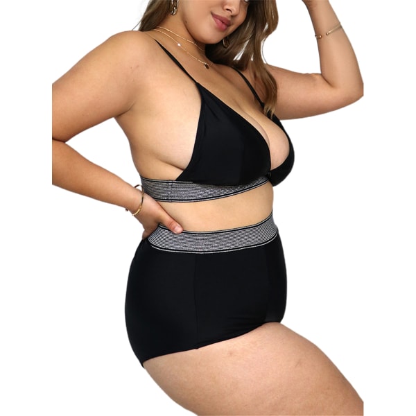 Kvinnor med hög midja Strappy Bikini Set Badkläder Baddräkt Oversized Svart XL