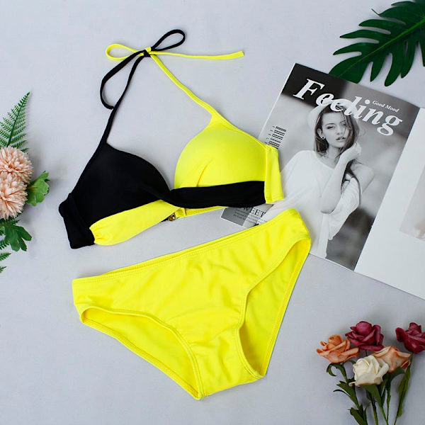 Färgblockerad bh-bikiniset för kvinnor, brasiliansk baddräkt Black + Yellow M
