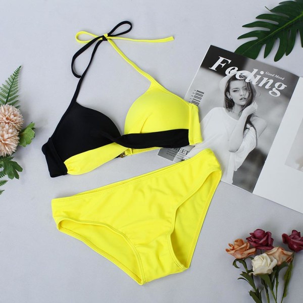 Kvinnor Color Block BH Bikini Set Brazilian Swimsuit Badkläder Black + Yellow M