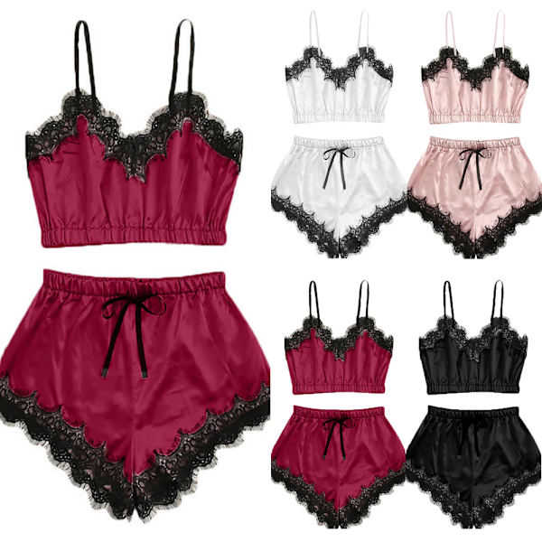 Sext  Nattlinne Cami Topp Underkläder Set för Kvinnor Black L