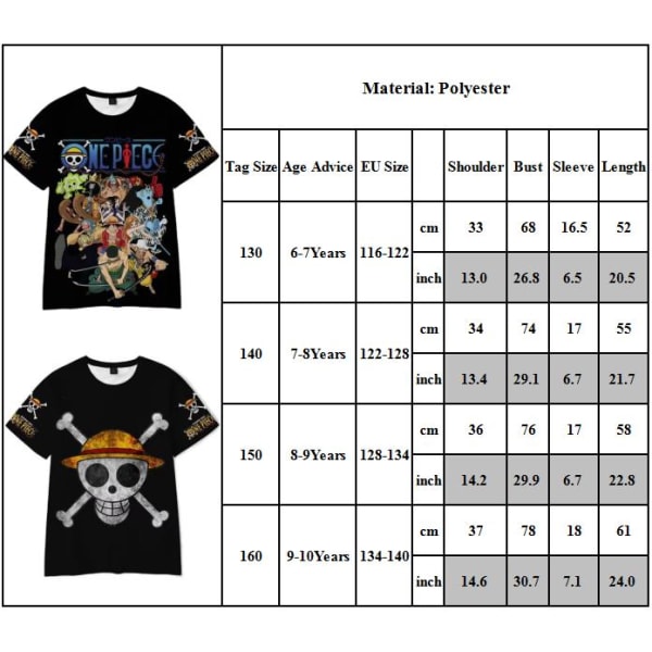 Anime ONE PIECE Luffy Barn T-shirt Sommar Casual Kortärmad Tryckt Tee Toppar Fans Pojkar Flickor Jul Födelsedagspresent A 150cm