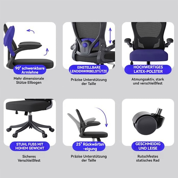 Kontorsstol med 3D-kudde, Svängbar Stol, Chefsstol, Ergonomisk Gamingstol, med Andningsbart Nätöverdrag, Fällbara Armstöd, Ländryggsstöd Black
