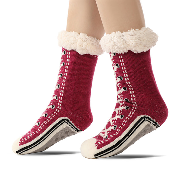 1 Par Ultra-Tjocka Cashmere-tofflor Hemstrumpor, Jultofflor, Jul med Halksäkra Tofflor Wine Red