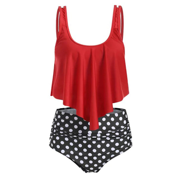Dame Flæse Crop Top Bikini Sæt Højtaljet Badedragt Badetøj Red+Dots M